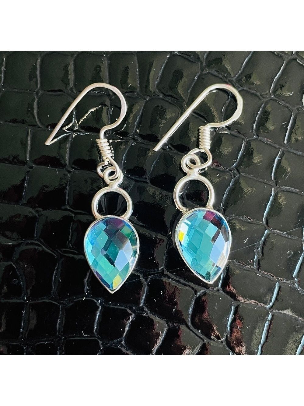 Faceted Blue Quartz Sterling Silver Dangle Hook Earrings